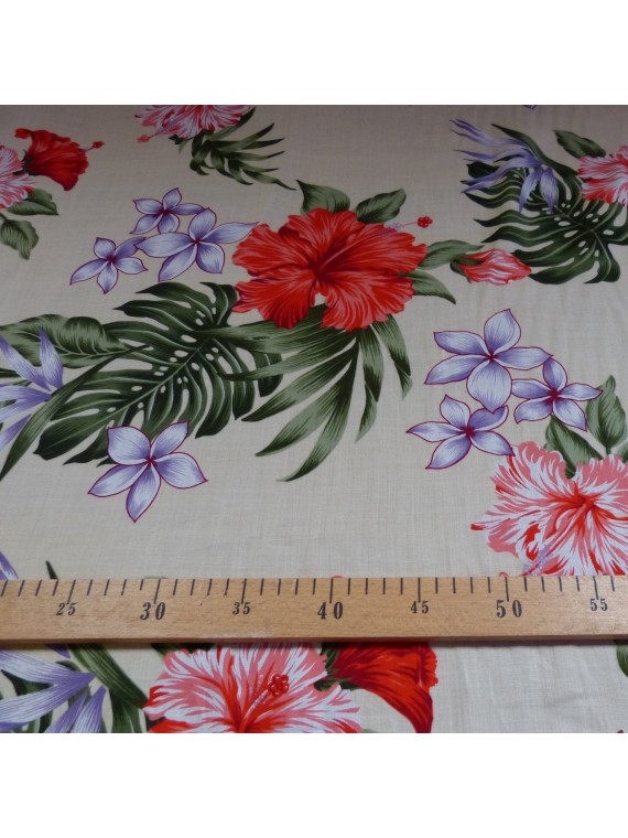 coupon de 2 m de Tissu beige fleurs vintage hawaï