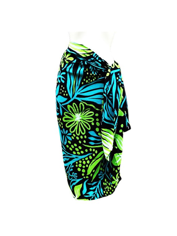 Paréo fleurie noir et vert motifs fleurs