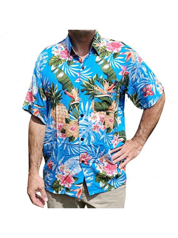 Chemise hawaïenne motifs fleurs et fleurs ananas bleu