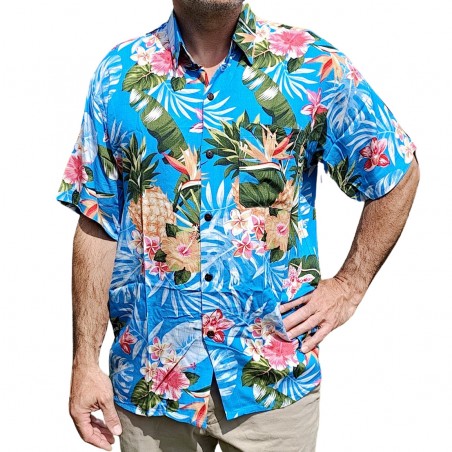 Chemise hawaïenne motifs fleurs et fleurs ananas bleu