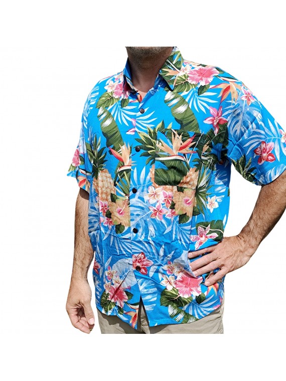 Chemise hawaïenne motifs fleurs et fleurs ananas bleu