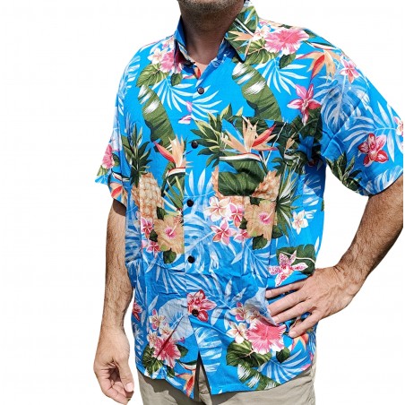 Chemise hawaïenne motifs fleurs et fleurs ananas bleu