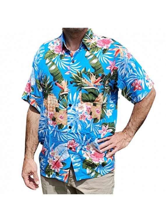 Chemise hawaïenne motifs fleurs et fleurs ananas bleu