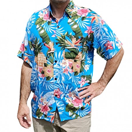 Chemise hawaïenne motifs fleurs et fleurs ananas bleu