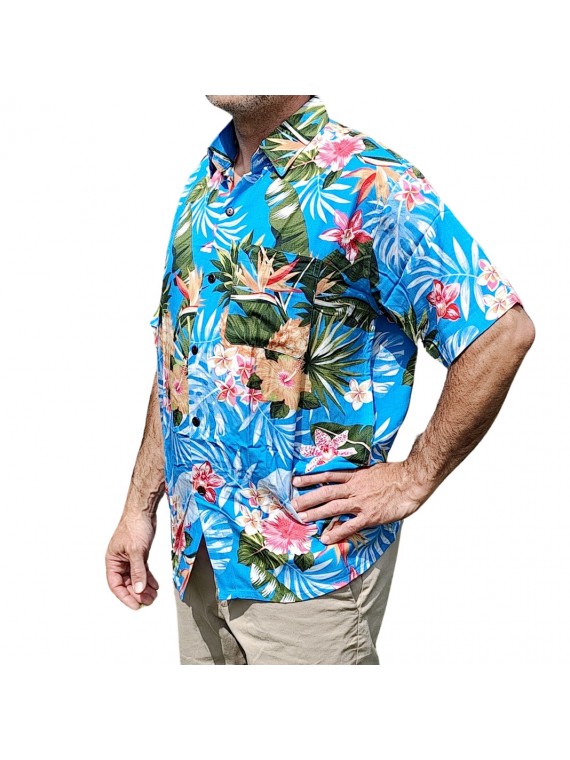 Chemise hawaïenne motifs fleurs et fleurs ananas bleu