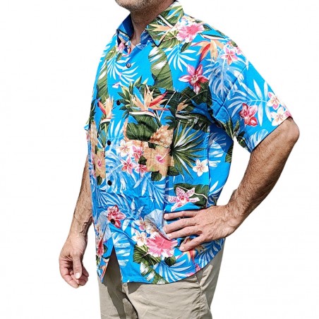 Chemise hawaïenne motifs fleurs et fleurs ananas bleu