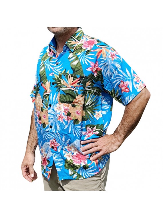 Chemise hawaïenne motifs fleurs et fleurs ananas bleu