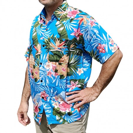 Chemise hawaïenne motifs fleurs et fleurs ananas bleu