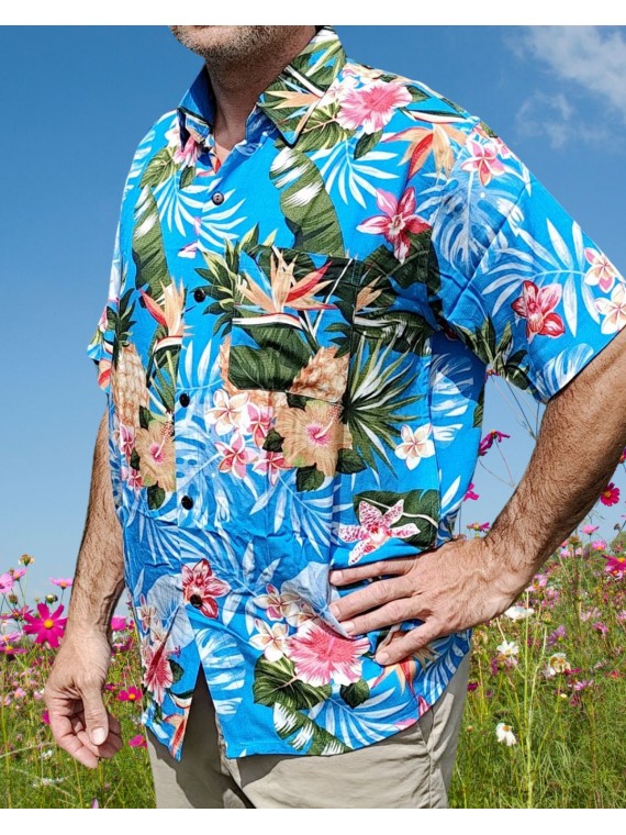 Chemise hawaïenne motifs fleurs et fleurs ananas bleu
