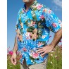 Chemise hawaïenne motifs fleurs et fleurs ananas bleu