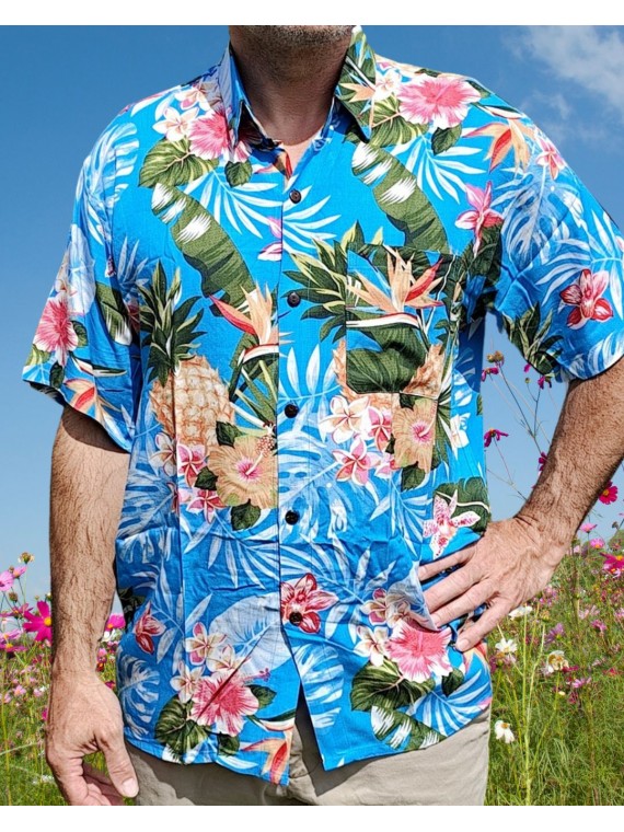 Chemise hawaïenne motifs fleurs et fleurs ananas bleu