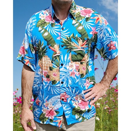 Chemise hawaïenne motifs fleurs et fleurs ananas bleu