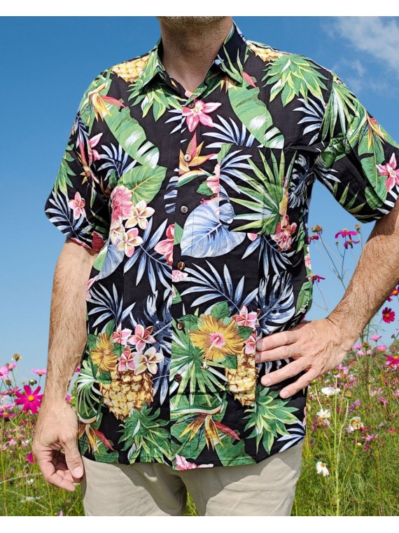 Chemise hawaïenne motifs fleurs et fleurs ananas noir