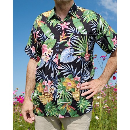 Chemise hawaïenne motifs fleurs et fleurs ananas noir