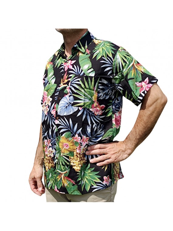 Chemise hawaïenne motifs fleurs et fleurs ananas noir