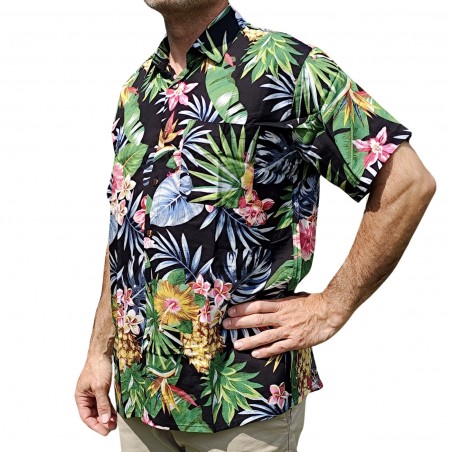 Chemise hawaïenne motifs fleurs et fleurs ananas noir