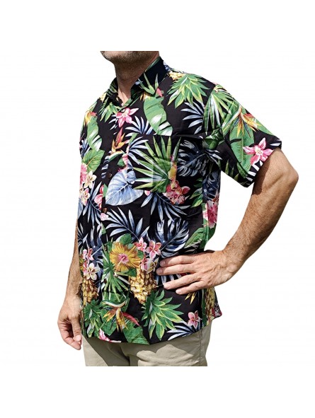 Chemise hawaïenne motifs fleurs et fleurs ananas noir