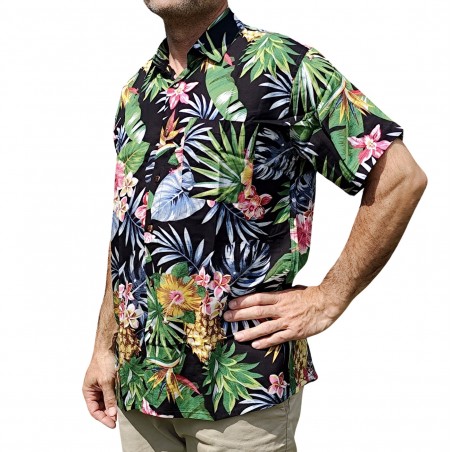 Chemise hawaïenne motifs fleurs et fleurs ananas noir