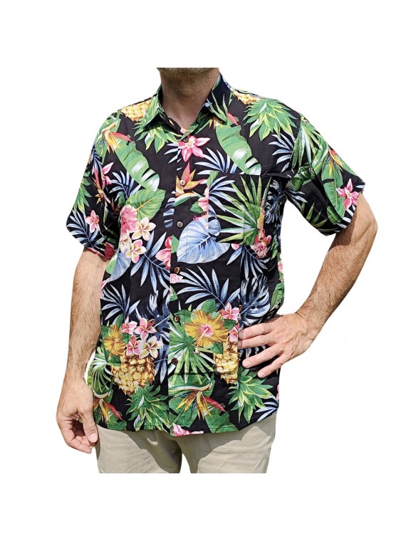 Chemise hawaïenne motifs fleurs et fleurs ananas noir