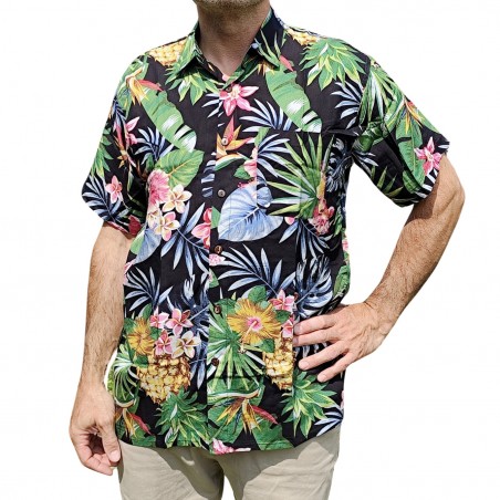 Chemise hawaïenne motifs fleurs et fleurs ananas noir