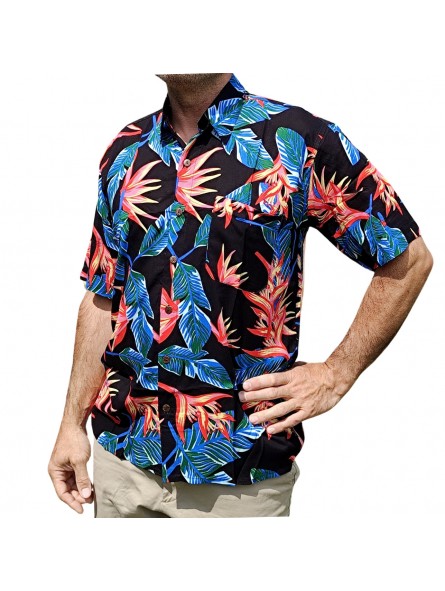 Chemise hawaïenne couleur noir  motifs fleurs du paradis, fleurs tropical