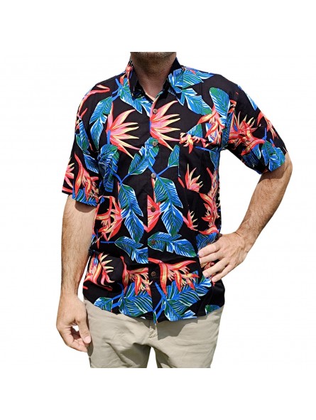 Chemise hawaïenne couleur noir  motifs fleurs du paradis, fleurs tropical