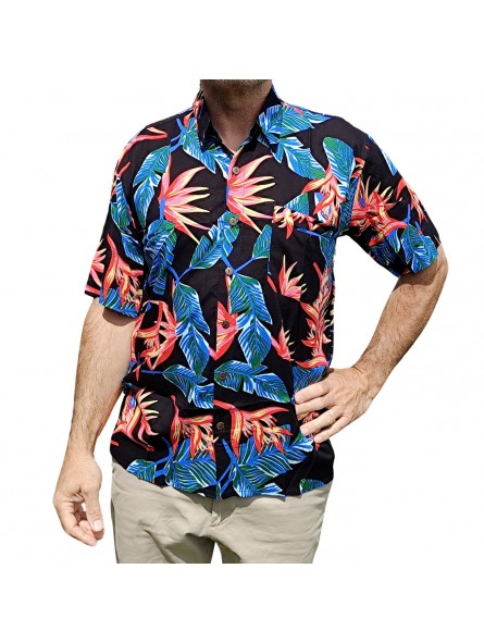 Chemise hawaïenne couleur noir  motifs fleurs du paradis, fleurs tropical