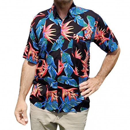 Chemise hawaïenne couleur noir  motifs fleurs du paradis, fleurs tropical