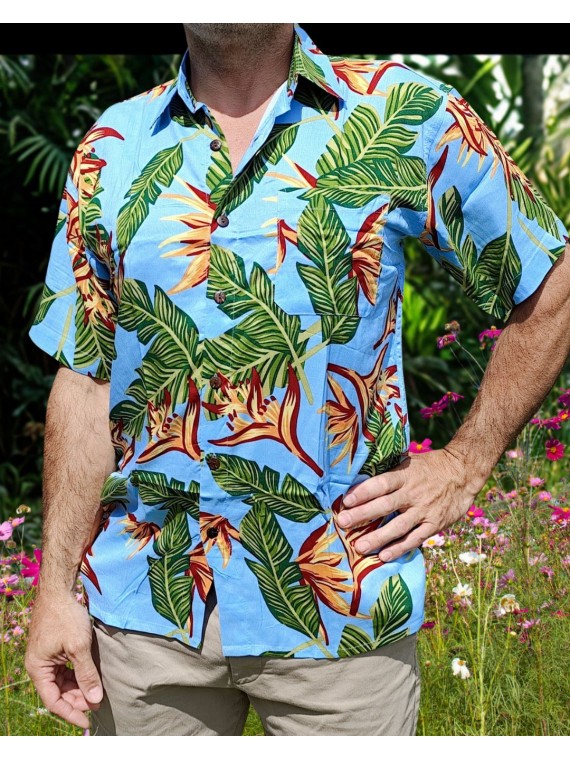 Chemise hawaïenne couleur bleu ciel motifs fleurs du paradis, fleurs tropical