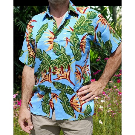 Chemise hawaïenne couleur bleu ciel motifs fleurs du paradis, fleurs tropical