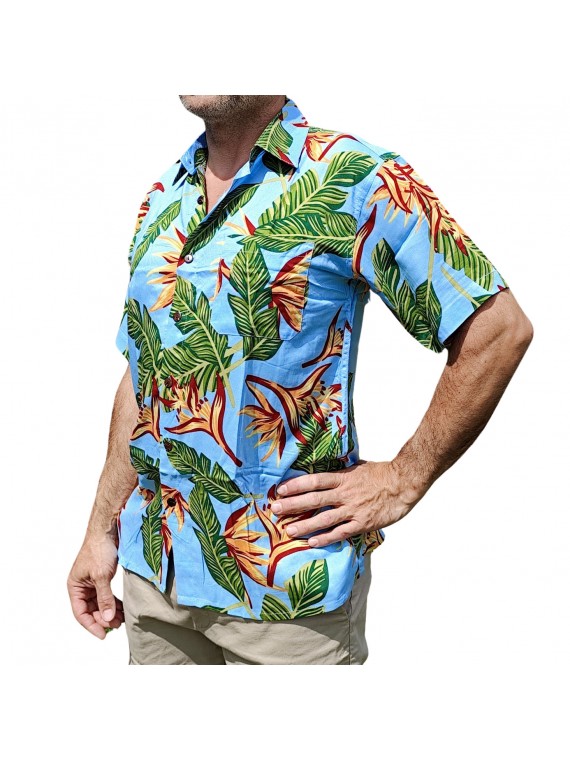 Chemise hawaïenne couleur bleu ciel motifs fleurs du paradis, fleurs tropical