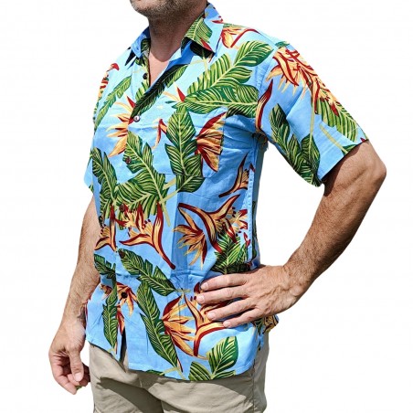 Chemise hawaïenne couleur bleu ciel motifs fleurs du paradis, fleurs tropical