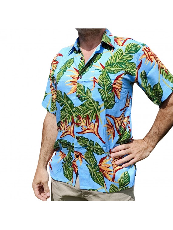 Chemise hawaïenne couleur bleu ciel motifs fleurs du paradis, fleurs tropical