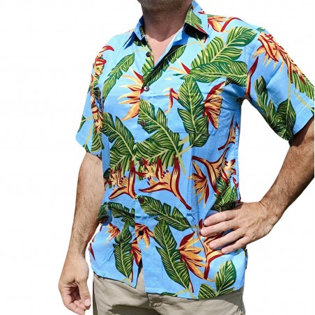 Chemise hawaïenne couleur bleu ciel motifs fleurs du paradis, fleurs tropical