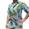 Chemise hawaïenne couleur bleu ciel motifs fleurs du paradis, fleurs tropical
