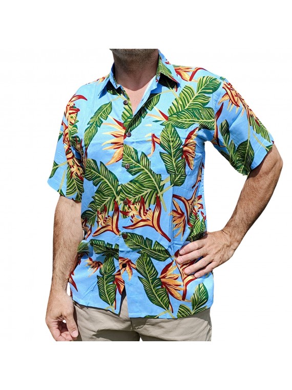 Chemise hawaïenne couleur bleu ciel motifs fleurs du paradis, fleurs tropical