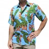 Chemise hawaïenne couleur bleu ciel motifs fleurs du paradis, fleurs tropical