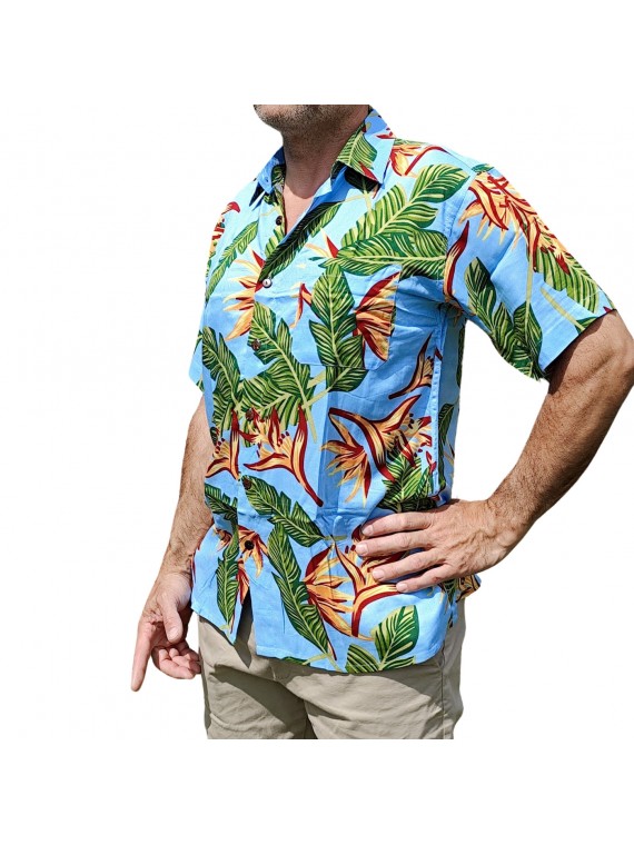 Chemise hawaïenne couleur bleu ciel motifs fleurs du paradis, fleurs tropical