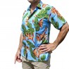 Chemise hawaïenne couleur bleu ciel motifs fleurs du paradis, fleurs tropical
