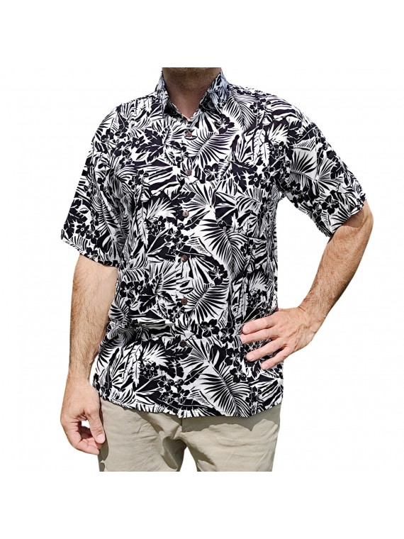 Chemise à fleurs fleurs et feuillage noir sur fond blanc