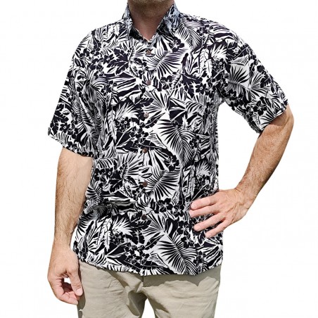Chemise à fleurs fleurs et feuillage noir sur fond blanc