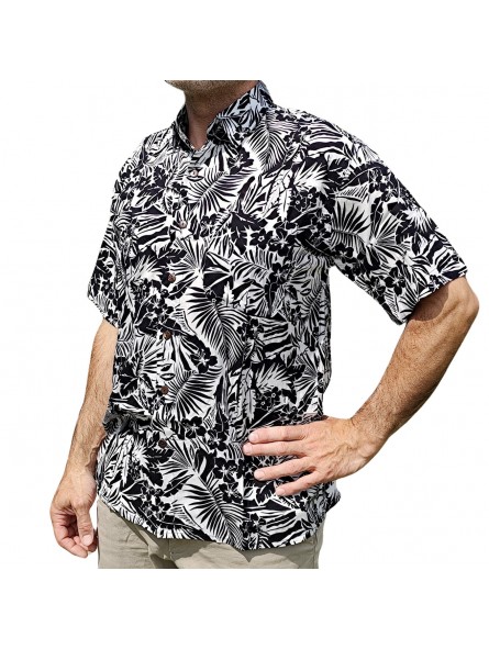 Chemise à fleurs fleurs et feuillage noir sur fond blanc