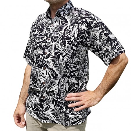 Chemise à fleurs fleurs et feuillage noir sur fond blanc