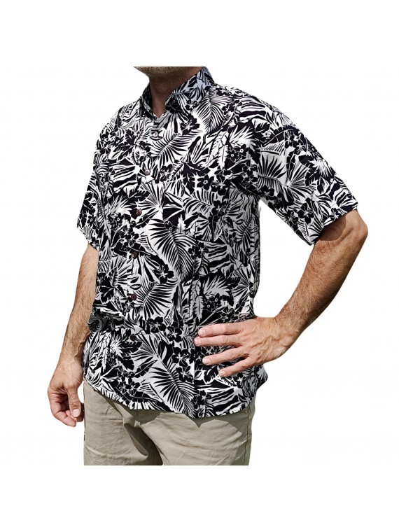 Chemise à fleurs fleurs et feuillage noir sur fond blanc