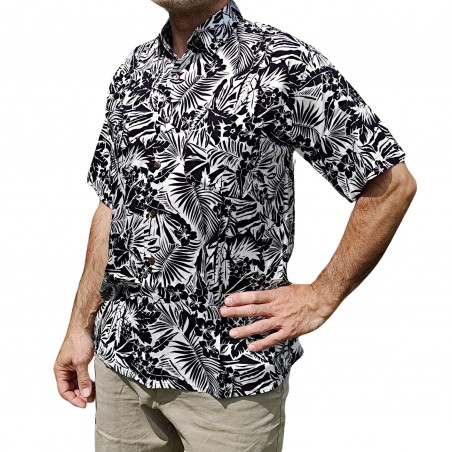 Chemise à fleurs fleurs et feuillage noir sur fond blanc