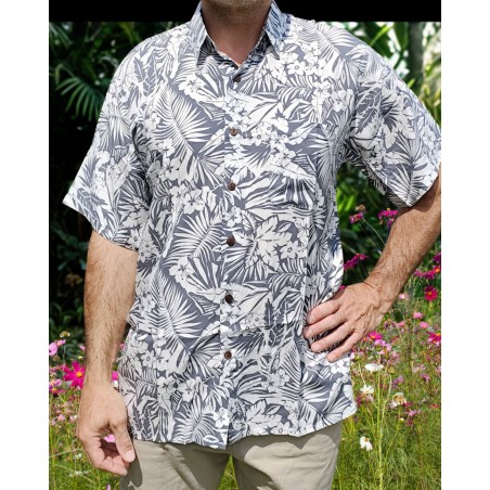 Chemise à fleurs fleurs et feuillage grise sur fond blanc