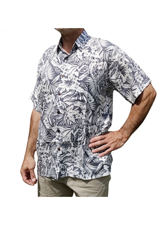 Chemise à fleurs fleurs et feuillage grise sur fond blanc