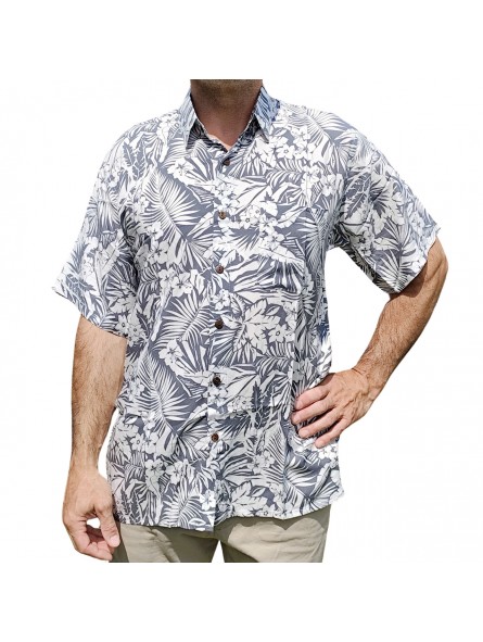 Chemise à fleurs fleurs et feuillage grise sur fond blanc