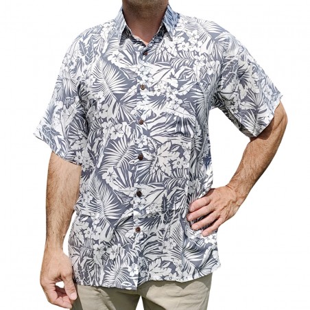 Chemise à fleurs fleurs et feuillage grise sur fond blanc