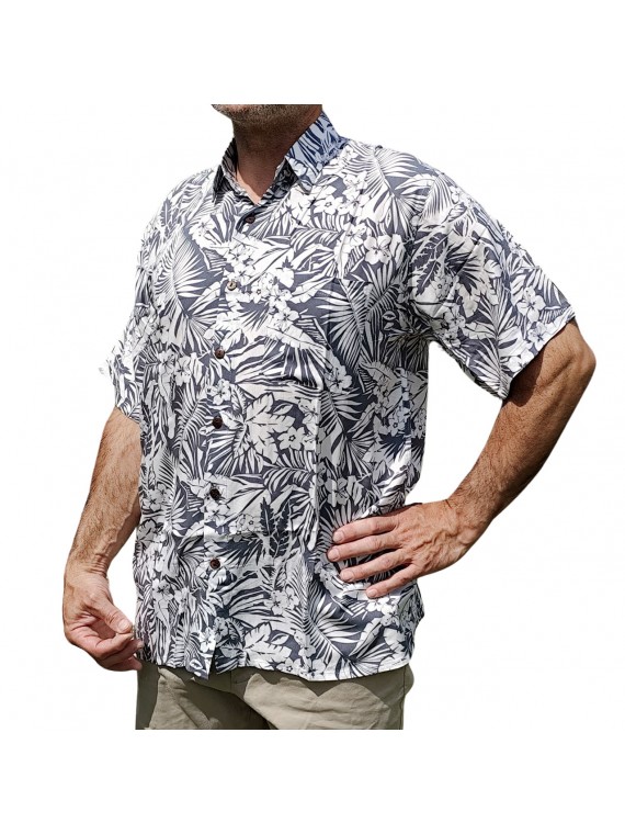 Chemise à fleurs fleurs et feuillage grise sur fond blanc